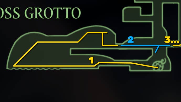 First section of the Moss Grotto map showing the starting area and initial climbing routes