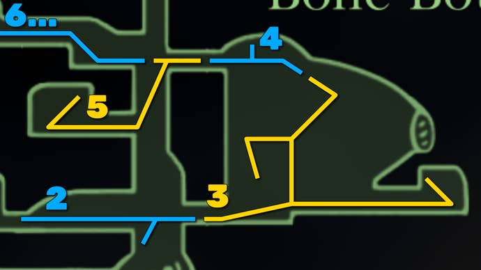 Middle section of Moss Grotto map showing the bone terrain and platforming areas
