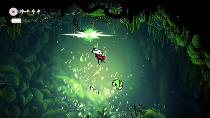 Hornet performing a pogo bounce off a flying enemy to reach the ceiling-mounted Mossberry cluster